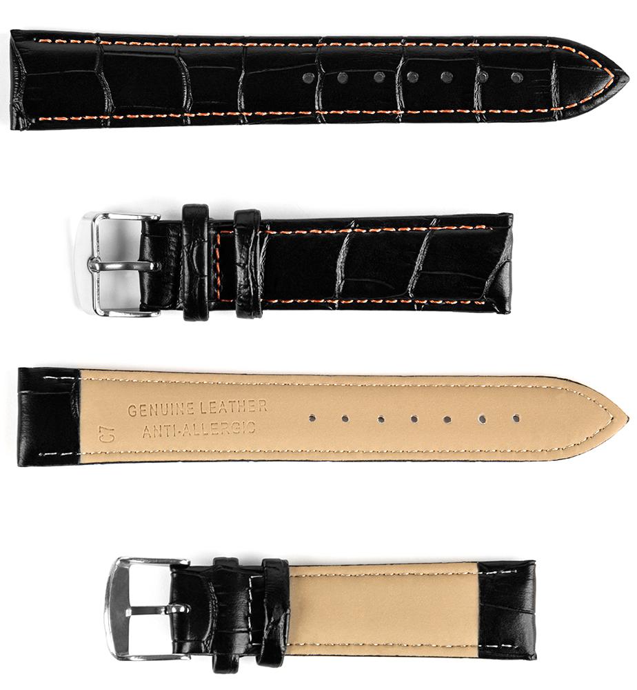 Pasek skórzany C7 - czarny - pomarańczowa nić - 18 mm