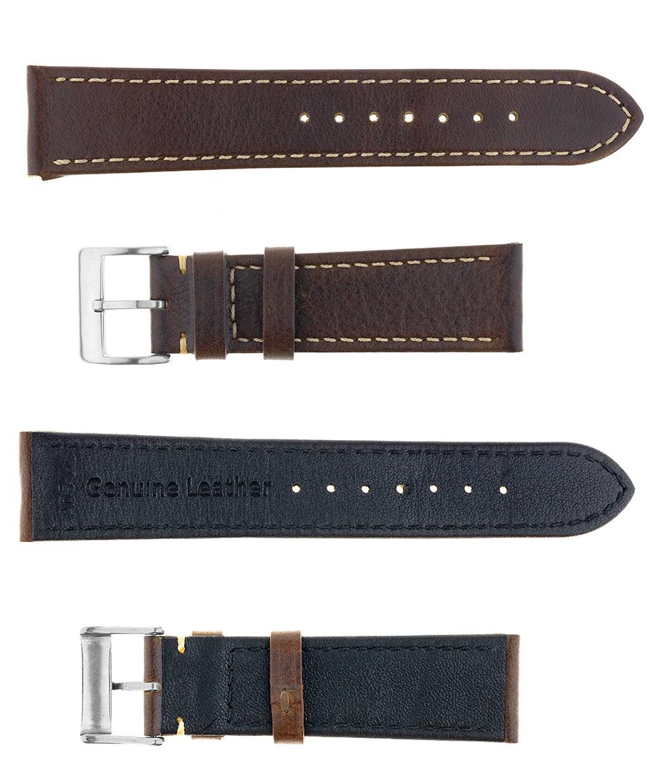 Pasek skórzany Premium A06-18 - ciemny brąz - beżowa nić - 18 mm