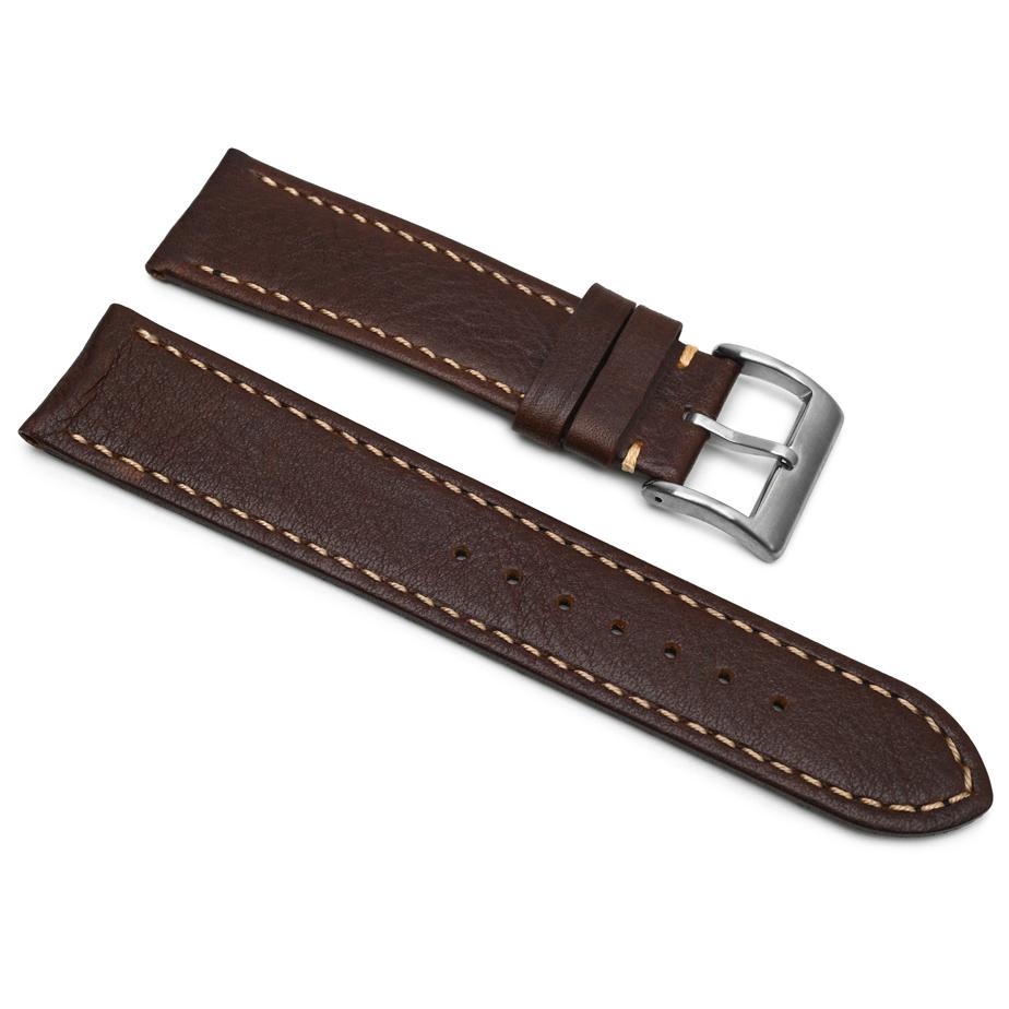 Pasek skórzany Premium A06-18 - ciemny brąz - beżowa nić - 18 mm