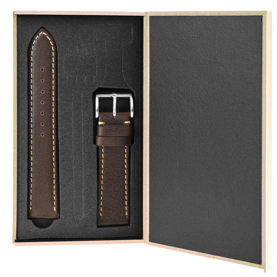 Pasek skórzany Premium A06-18 - ciemny brąz - beżowa nić - 18 mm