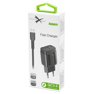 Ładowarka sieciowa do telefonu FAST QC 3.0 + kabel micro USB - eXtreme® Ampere - 3A - ATCU3QC30B+CM